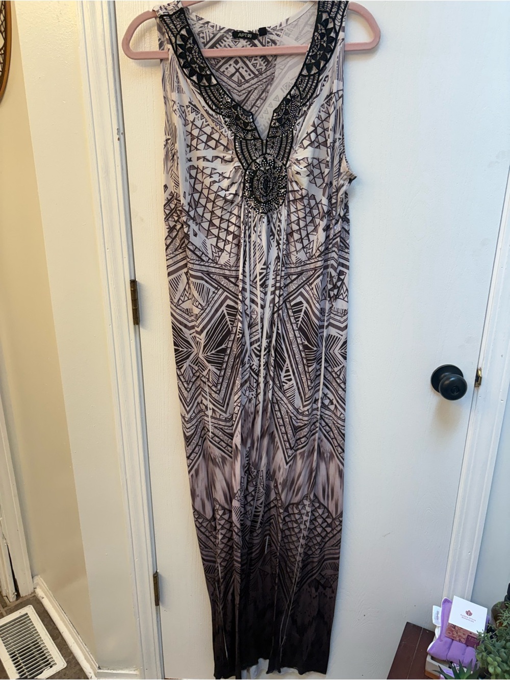 Apt. 9 Taupe and Black Beaded V-Neck Maxi Dress